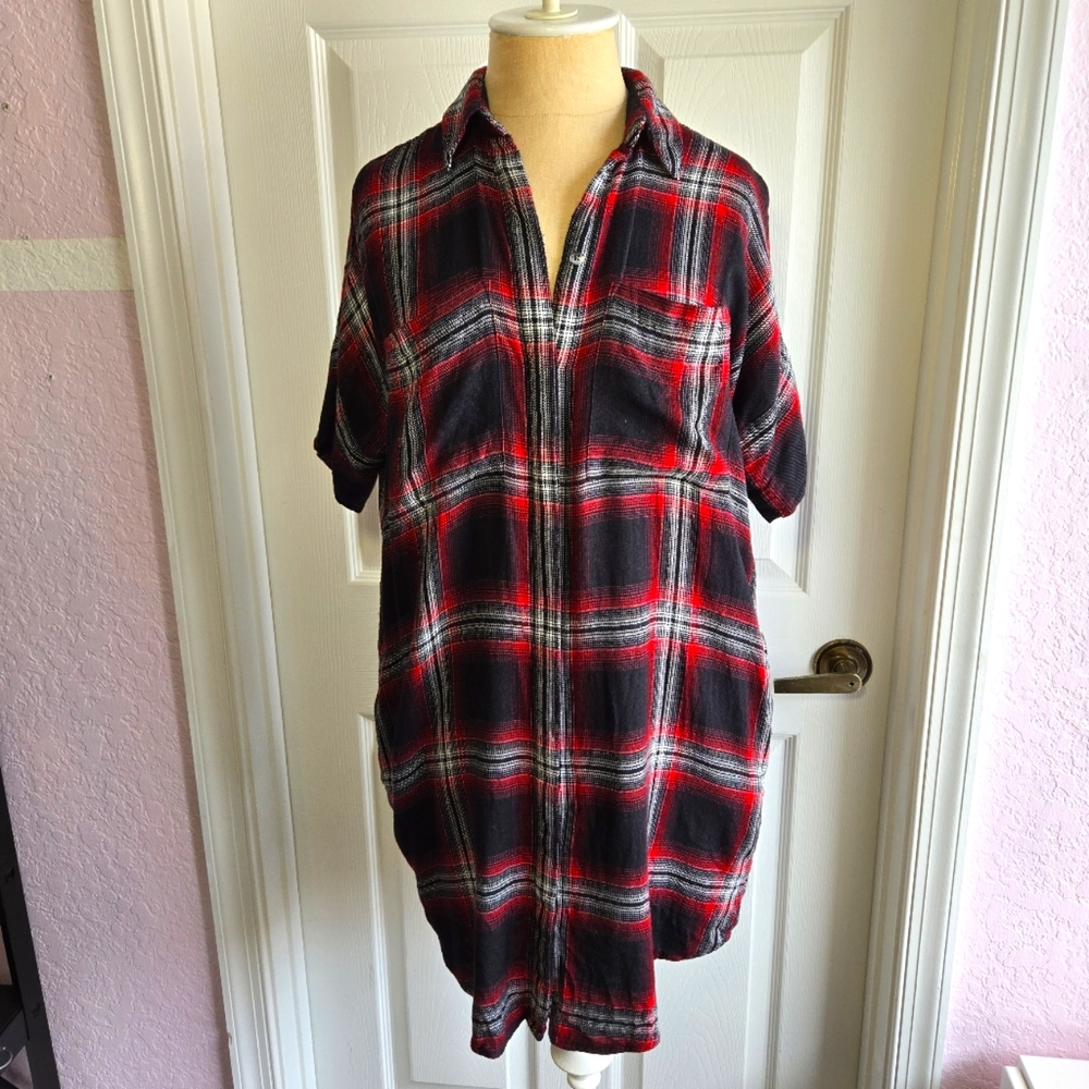 Madewell Plaid Black Red Button Up Shirt Dress Size XS Tunic Long Shirt Pockets